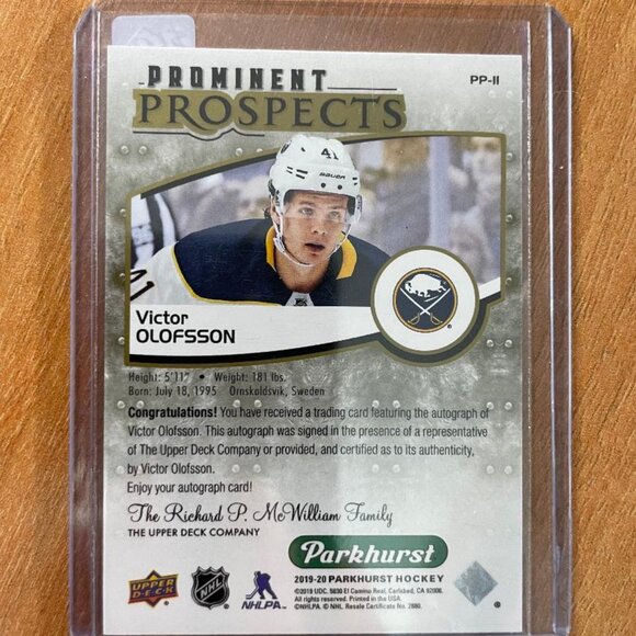 2019-20 Parkhurst Prominent Prospects Autographs Gold #PP11 Victor Olofsson - Picture 2 of 2